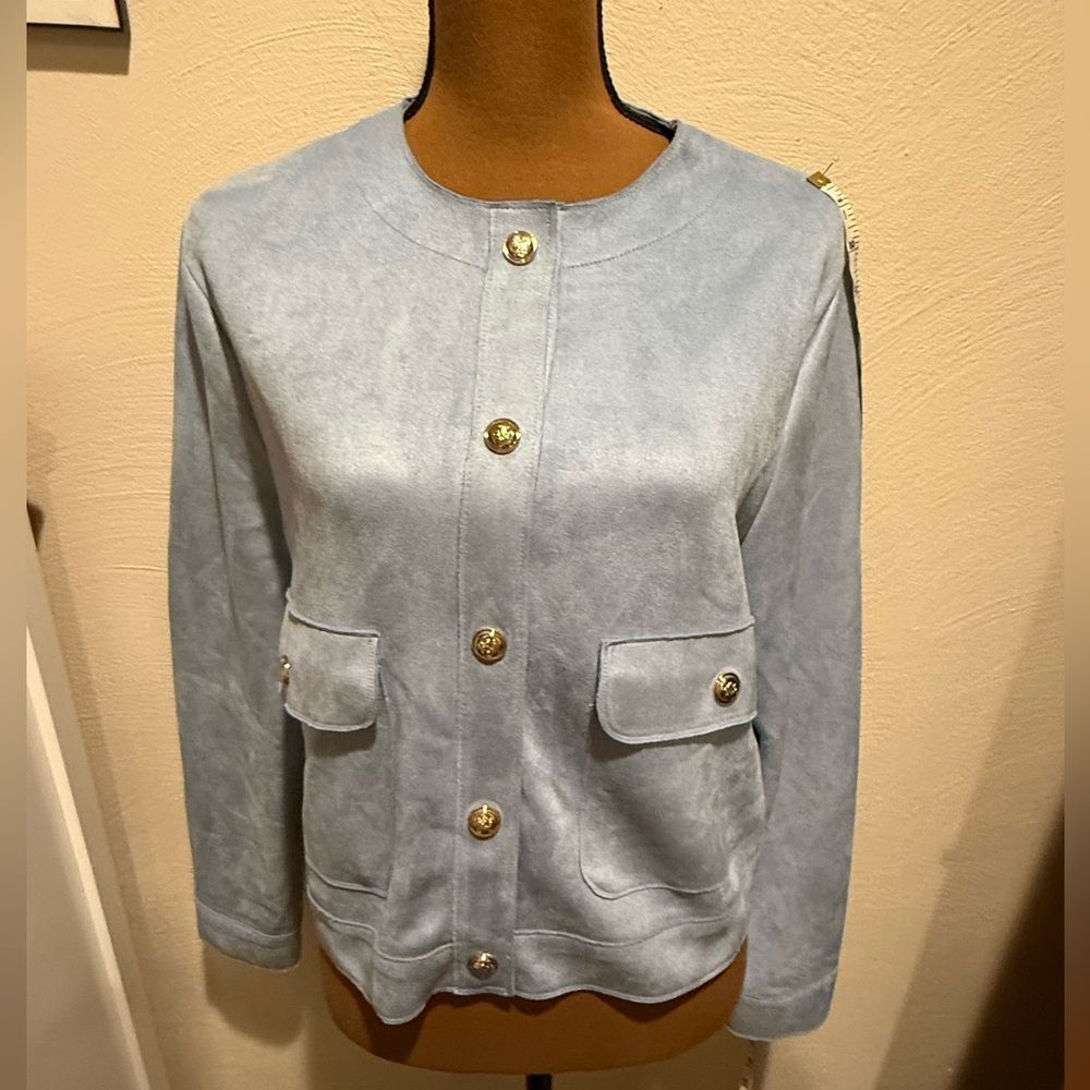 Zara powered blue jacket with gold buttons